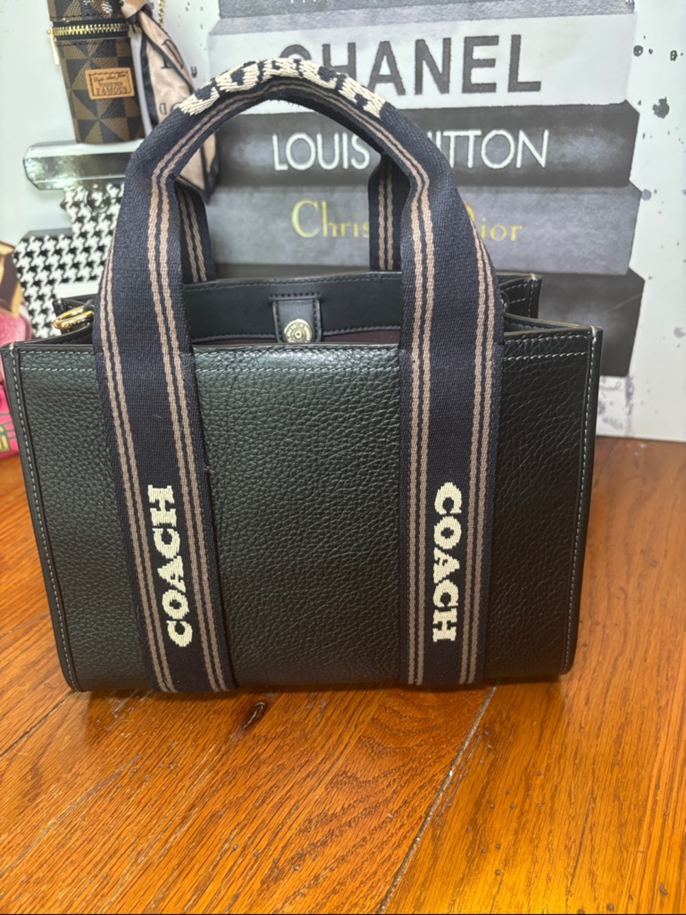 Coach Cargo Tote 20 Black Pebbled Leather Logo Web Strap Tote CSH14 - Picture 3 of 11
